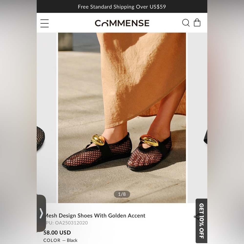 Commense Black and Gold Mesh Flats - Gold Hardware Sz 7